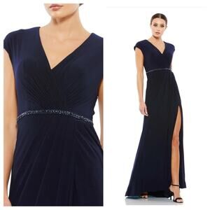 NWT MAC DUGGAL Navy Faux Wrap V-Neck Cap Sleeve Jersey Gown Women’s